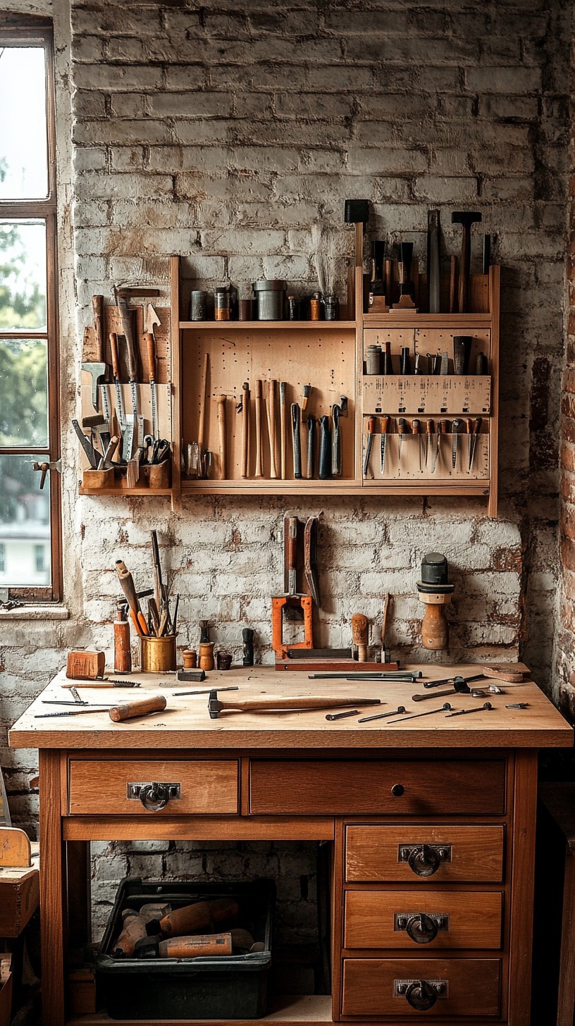 A wooden workbench against a whitewashed brick wall, with hand tools laid out on top and hung on a rack above.